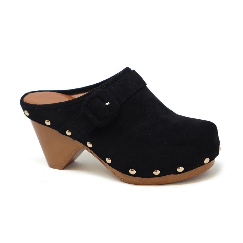 WOMENS STUDDED BUCKLE FAUX WOOD CLOGS MULES Black Size 5.5 - Picture 1 of 1